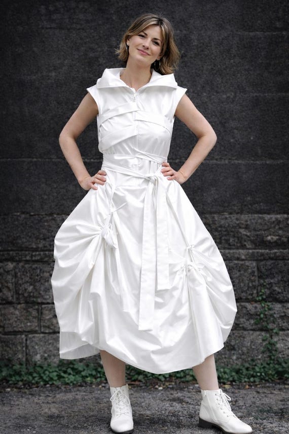White Midi Dress, Asymmetrical Cotton Blend Dress, Avant Garde Dress, Modern White Dress, Unique Designer Dress, Summer Occasion Dress