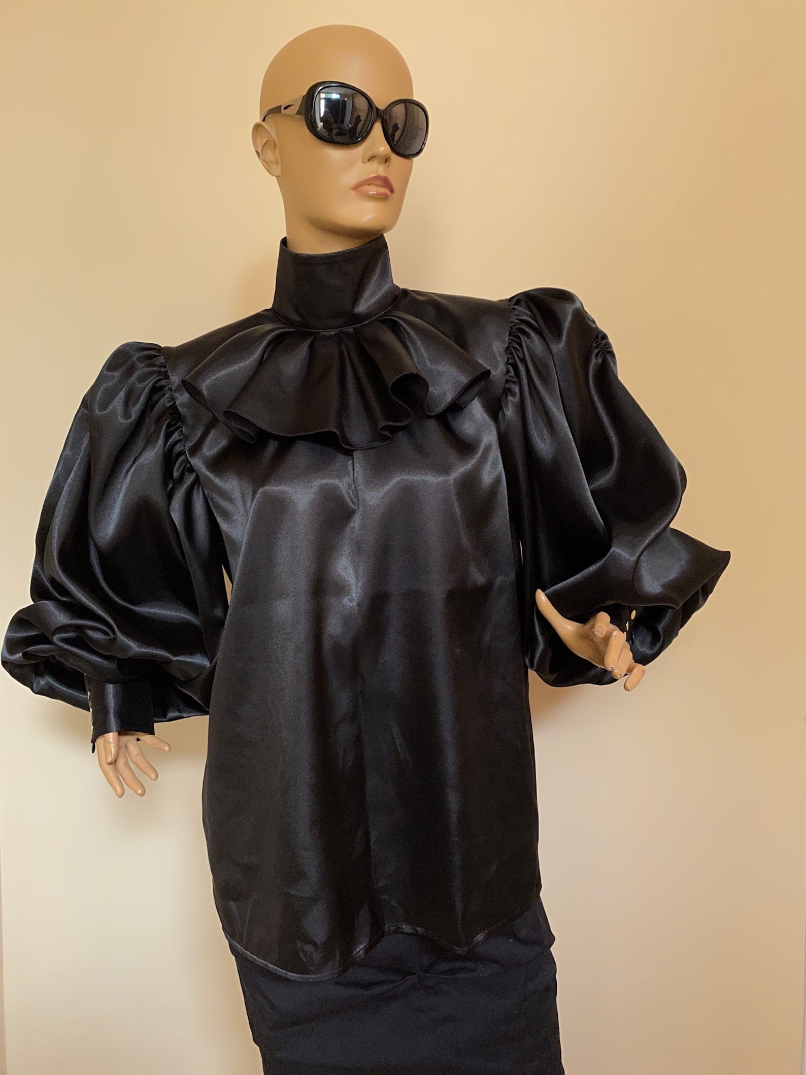 Formal Black Satin Blouse With Victorian Collar and Puffy - Etsy