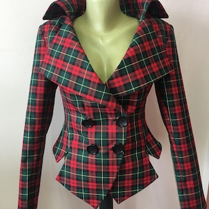 Tartan jacket, Green Plaid jacket, Checked lady blazer, Fitted coat