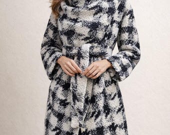 Black and White Houndstooth Wool Blend Wrap Coat for Women, Soft Warm Fall Jacket, Belted Oversized Winter Outerwear