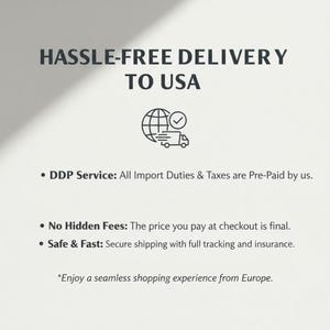 May include: White background with the text "HASSLE-FREE DELIVERY TO USA". Below the text is a graphic of a globe with a checkmark and a truck. Additional text includes "DDP Service", "No Hidden Fees", and "Safe & Fast".