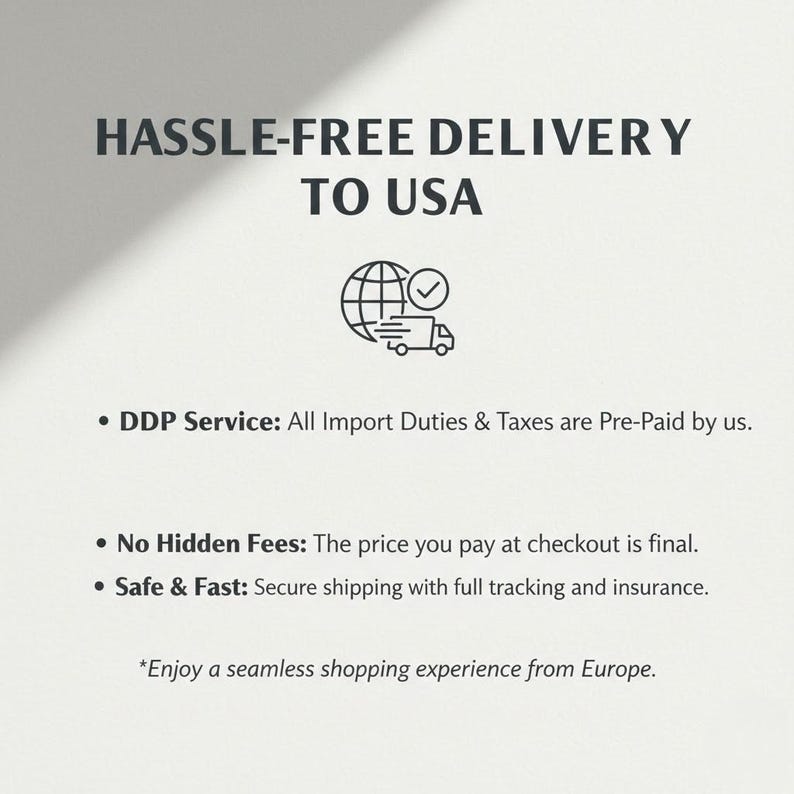 May include: White background with the text "HASSLE-FREE DELIVERY TO USA". Below the text is a graphic of a globe with a checkmark and a truck. Additional text includes "DDP Service", "No Hidden Fees", and "Safe & Fast".