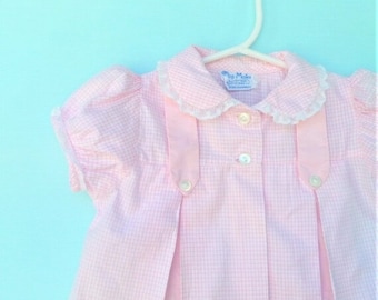 Vintage Infant Top-1960's  Pink Grid Print Pleated Blouse or Tunic with Collar   by Top Mates  Size S  (0-13 Lbs.)