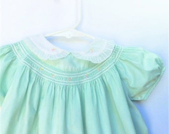 Hand Smocked Peter Pan Collar Dress In Green - Pepa London