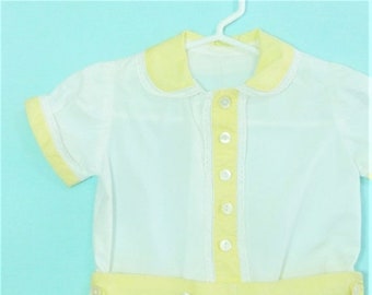 1930's-40's Vintage Baby Girls or Boys Yellow and White  2- Piece Button Romper  w/ Lace trim