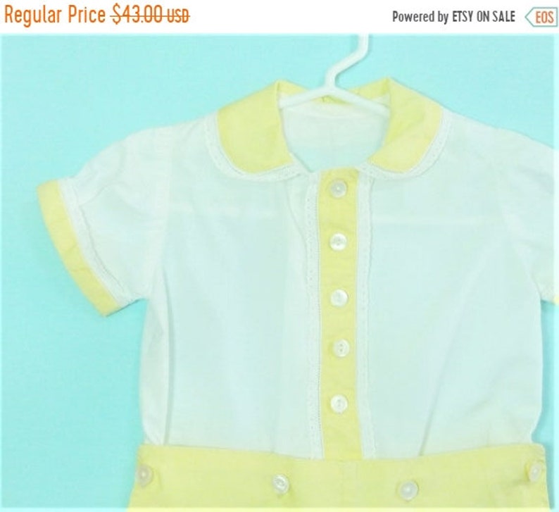 1930's-40's Vintage Baby Girls or Boys Yellow and White 2 Piece Button Romper w/ Lace trim image 1