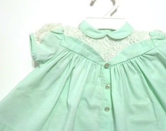 Vintage Infant Dress- Lovely Vintage Mint Green Dress w/ Lace Inserts by Fawn Fashions    Size 6-12 Lbs.