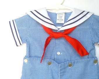 Vintage Boys Romper-Castro & Co. Blue Gingham Infant Boys Sailor Romper  12 Months