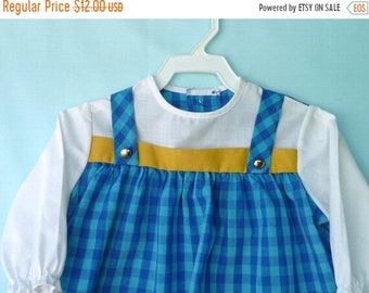 CLEARANCE--Vintage Blue/Turquoise Plaid Toddler Long Sleeved Dress or Tunic w/ Gold Band  2T  Fall/WInter