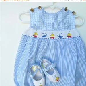 Vintage NOS Blue Striped Sailboat Bubble Romper and Shoes  3-6 Months   Never Worn