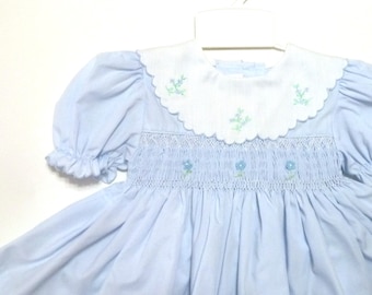 Vintage Smocked Dress- Sweet Baby Blue Smocked Infant Infant Dress w/ Bloomers  by Welcome Home    3-6 Months