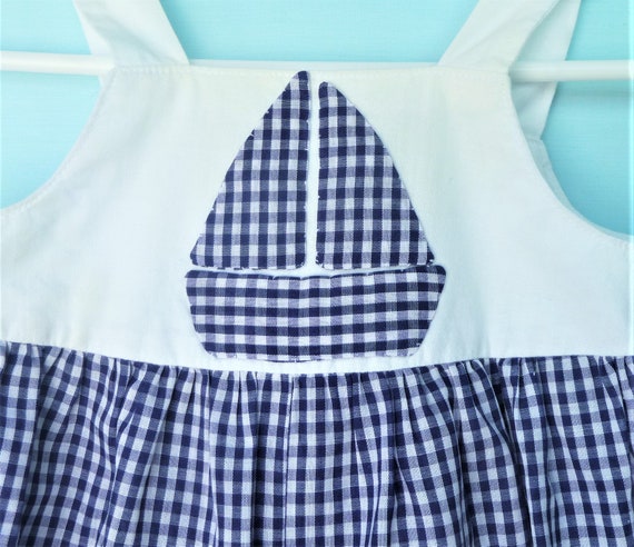 Vintage Baby Romper- White and Navy Gingham Sailb… - image 2