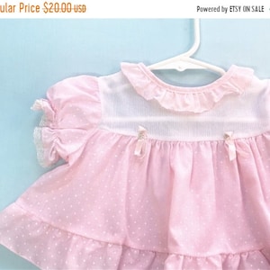 1980&#39;s Vintage Pink Dotted Infant Dress or Top w/ White Yoke and Ruffles   6-9 Months
