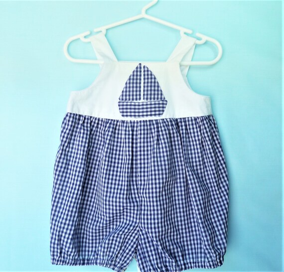 Vintage Baby Romper- White and Navy Gingham Sailb… - image 3