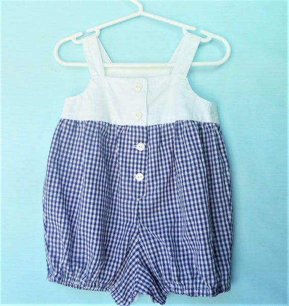 Vintage Baby Romper- White and Navy Gingham Sailb… - image 4