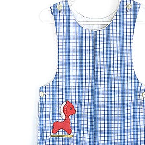 Vintage Boys Romper- Blue Plaid Toddler Red Pony Romper  by Samara 6-9 Months