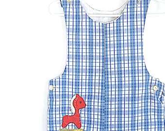 Vintage Jungen Strampler Blau kariert Kleinkind Rot Pony Strampler von Samara 6-9 Monate