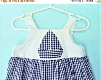 Vintage Baby Romper- White and Navy Gingham Sailboat Romper   Handmade   12-18 Months