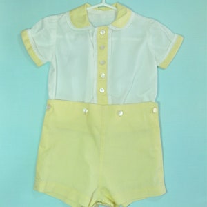 1930's-40's Vintage Baby Girls or Boys Yellow and White 2 Piece Button Romper w/ Lace trim image 4