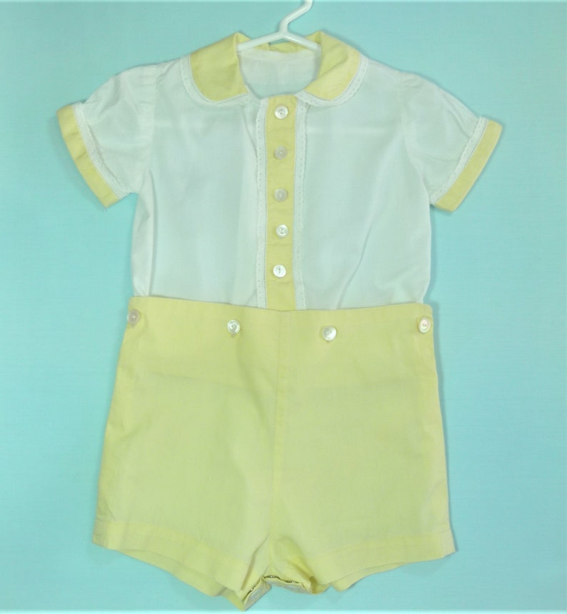 1930's-40's Vintage Baby Girls or Boys Yellow and White 2 Piece Button Romper w/ Lace trim image 4