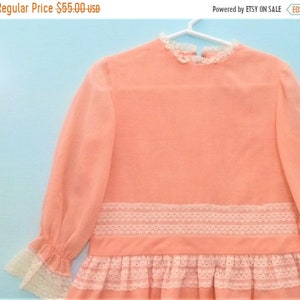 Vintage Girls Dress- 1960&#39;s Mod Apricot Sheer Drop Waist Easter Dress w/ Long Bishop Sleeves and Lace   Handmade  4T
