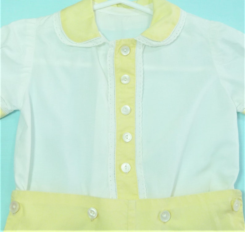 1930's-40's Vintage Baby Girls or Boys Yellow and White 2 Piece Button Romper w/ Lace trim image 2