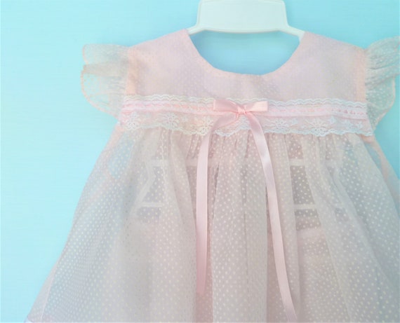 Diaper Cover Vintage Dotted Swiss Puff Sleeve Peter Pan Collar Size 6-12 Months 60s Sheer Pink Baby Dress