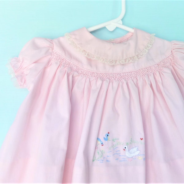 Vintage Baby Dress-Pretty Pink Smocked Infant Bluebird  Dress w/Round Collar by Cherubs 9  Months