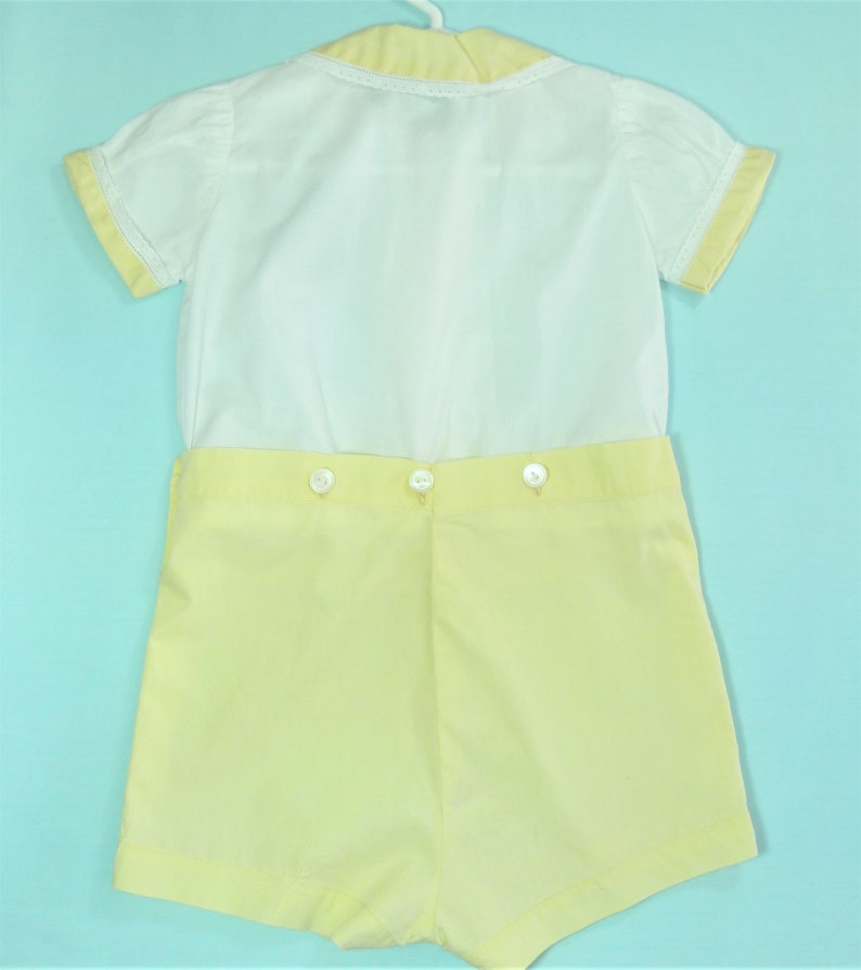 1930's-40's Vintage Baby Girls or Boys Yellow and White 2 Piece Button Romper w/ Lace trim image 5