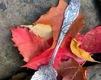 American Silver Co Holly &quot;Ilex&quot; Pattern c. 1905 Sugar / Bonbon /Nut /Jam Shell Silver Plate Spoon Lite Gold Wash Bowl No Monogram