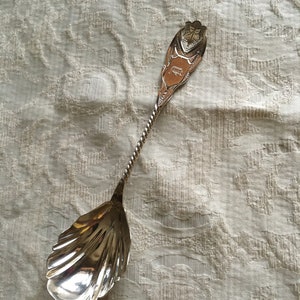 May include: A silver sugar spoon with a twisted handle and a decorative shell-shaped bowl. The handle is adorned with an intricate floral design.