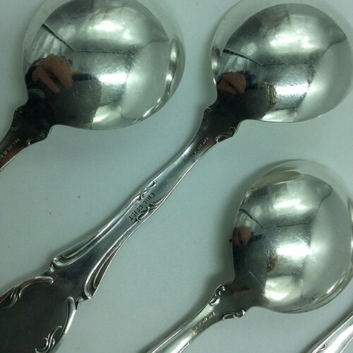 Sale! Set of 6- SL & G. Rogers (E. Geist) VIOLET Pattern Round Bowl Bouillon Soup Spoons shops Silverplate Floral Art Nouveau Introd. 1905 Mono S
