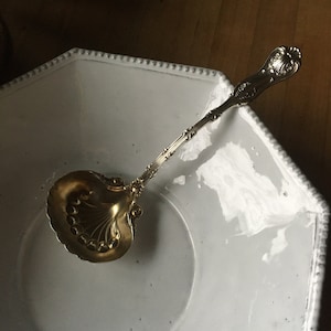 Antique Whiting Imperial Queen Sterling Silver 6&quot; Gold Wash Cream / Sauce Ladle, No Monogram, circa 1893 Victorian Era