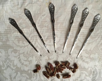 Sale! Victorian Set of 6 American Reed & Barton Silver Plate Nut Picks Servers in &#39;Pearl&#39; Pattern Figural Multi-Motif Cherub c. 1898 No Mono