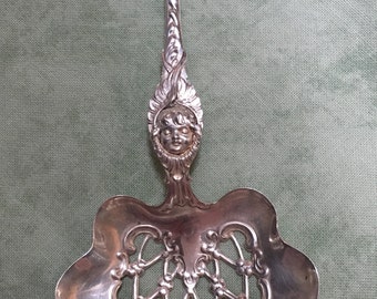 Vintage & Unusual Sterling Silver Reticulated Bon Bon or Nut Serving Spoon with Cherub Figural Face Handle Frank M. Whiting (?) No Monogram