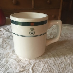 Sale! Roycroft Inn Buffalo China Mug Single R Logo Square Handle Green Trim w/ Rust Accent Design by Dard Hunter, Buffalo NY