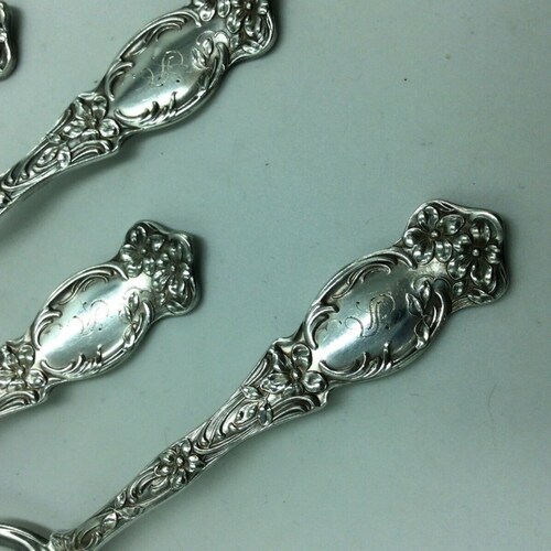 Sale! Set of 6- SL & G. Rogers (E. Geist) VIOLET Pattern Round Bowl Bouillon Soup Spoons shops Silverplate Floral Art Nouveau Introd. 1905 Mono S