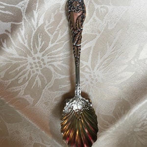 Può includere: Cucchiaio da portata argentato ornato con una coppa a forma di conchiglia. Il manico presenta dettagliati disegni floreali e di foglie. Il cucchiaio è probabilmente vintage o antico, con un'estetica decorativa. Il cucchiaio è esposto su una superficie crema a motivi.