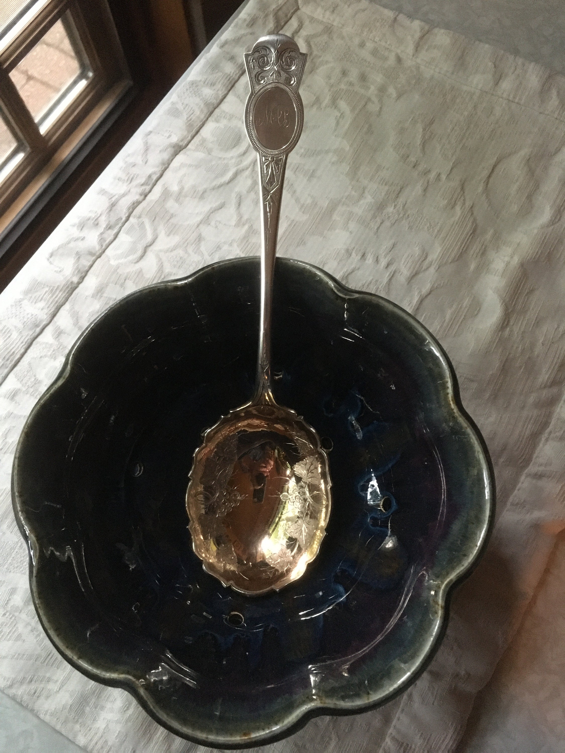 Sale! Antique American Coin Silver Berry or Casserole Server Spoon GW Bowl & Engraved Medallion Pattern - Newell Harding Co. Boston, 1870