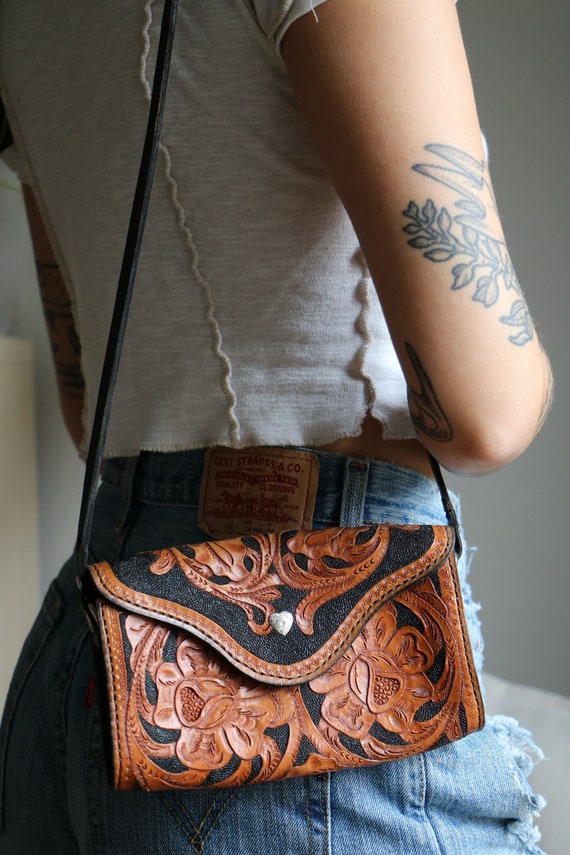 60s Tooled Leather Bag + Silver Heart Button