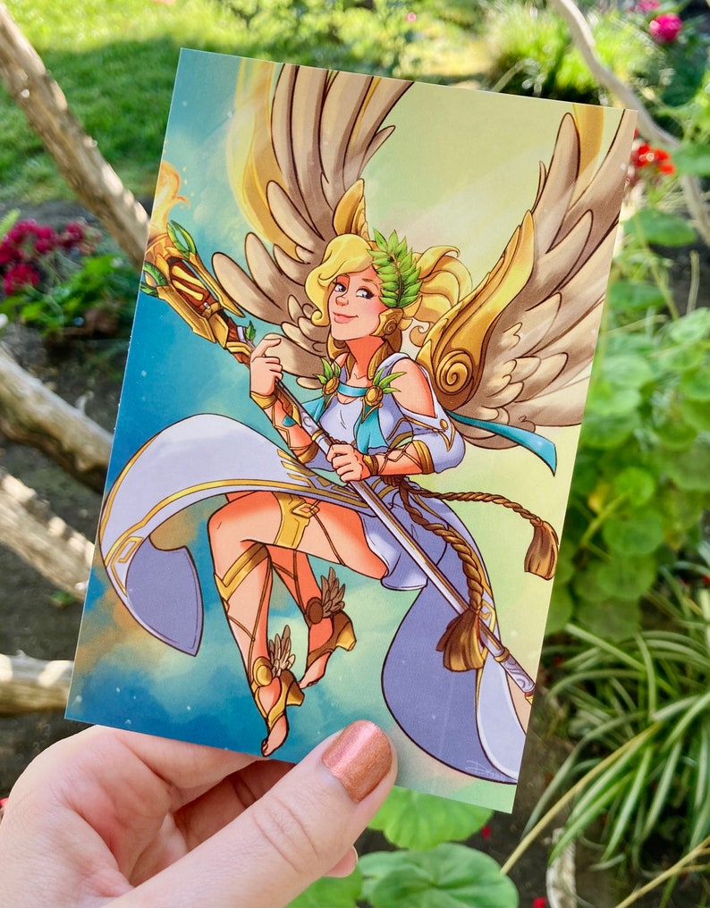 May include: A digital illustration of a woman with golden wings and a white dress holding a staff. She has a laurel wreath on her head and a golden halo. The background is a blue and yellow sky.
