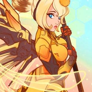 May include: A digital illustration of a female character with blonde hair and blue eyes. She is wearing a yellow and black suit with a bee-themed helmet and holding a staff. The background is a light blue with yellow honeycomb patterns.
