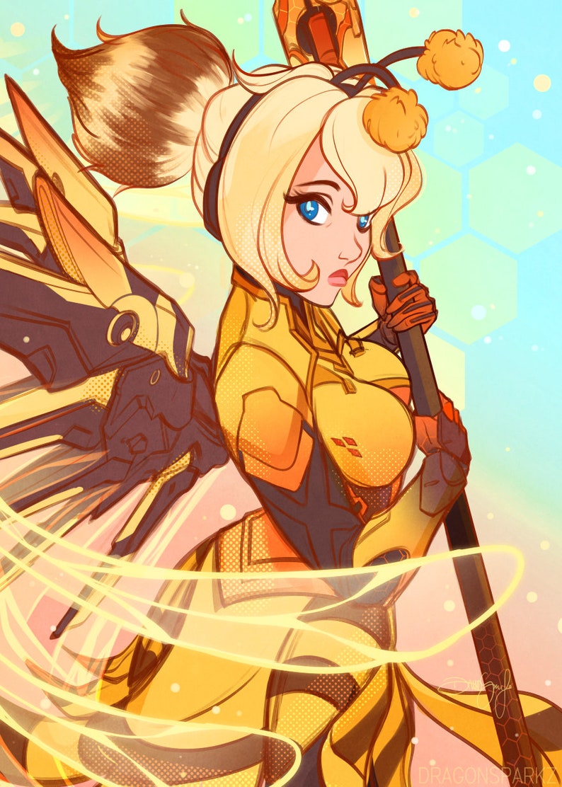 May include: A digital illustration of a female character with blonde hair and blue eyes. She is wearing a yellow and black suit with a bee-themed helmet and holding a staff. The background is a light blue with yellow honeycomb patterns.