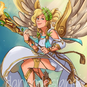 May include: A digital illustration of a woman with golden wings and a white dress holding a staff with a golden tip. She has a laurel wreath on her head and is smiling. The background is a light blue sky with clouds.