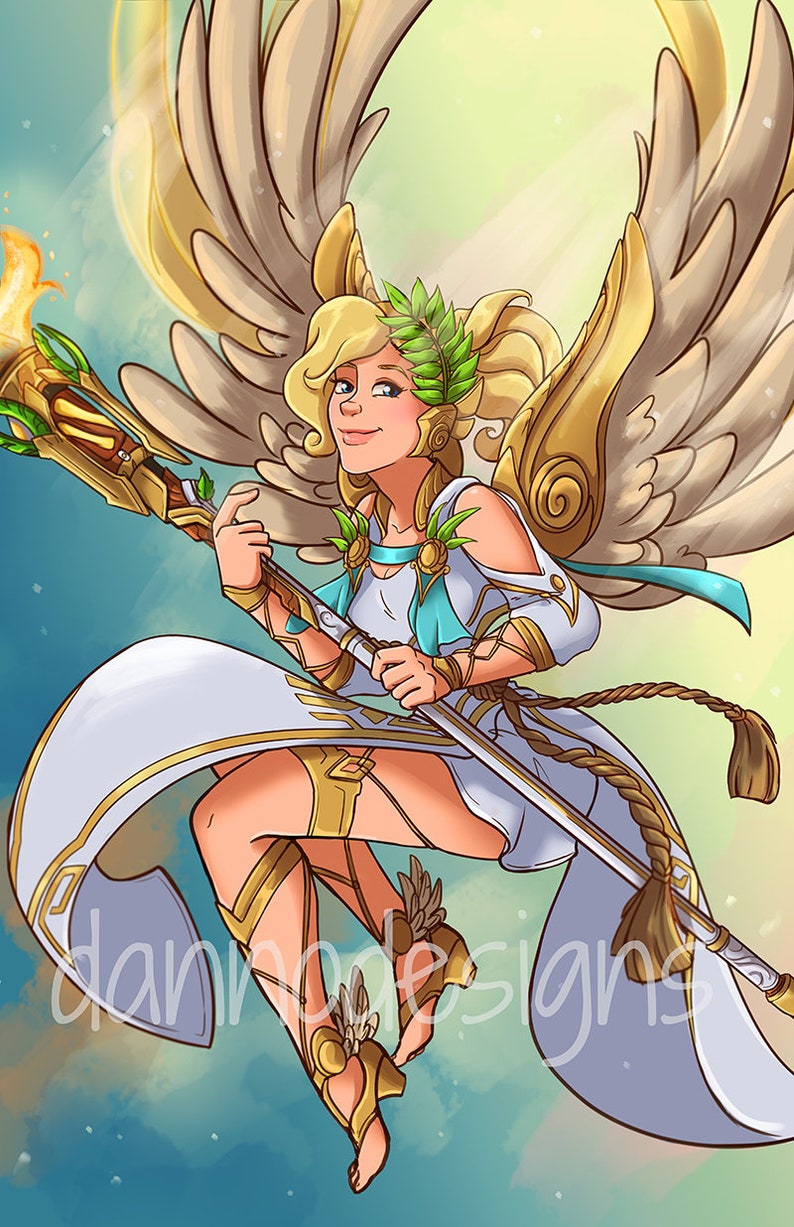 May include: A digital illustration of a woman with golden wings and a white dress holding a staff with a golden tip. She has a laurel wreath on her head and is smiling. The background is a light blue sky with clouds.