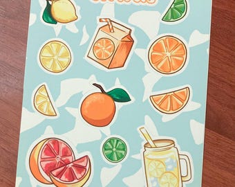 Citrus Theme Spring Summer Fruits Snacks 4 x 6 Sticker Sheet | Stationary, Notebook/Scrapbooking