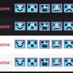 May include: A graphic featuring a series of blue square icons with various facial expressions. The word "Username:" appears in red text above each row of icons, set against a dark background.