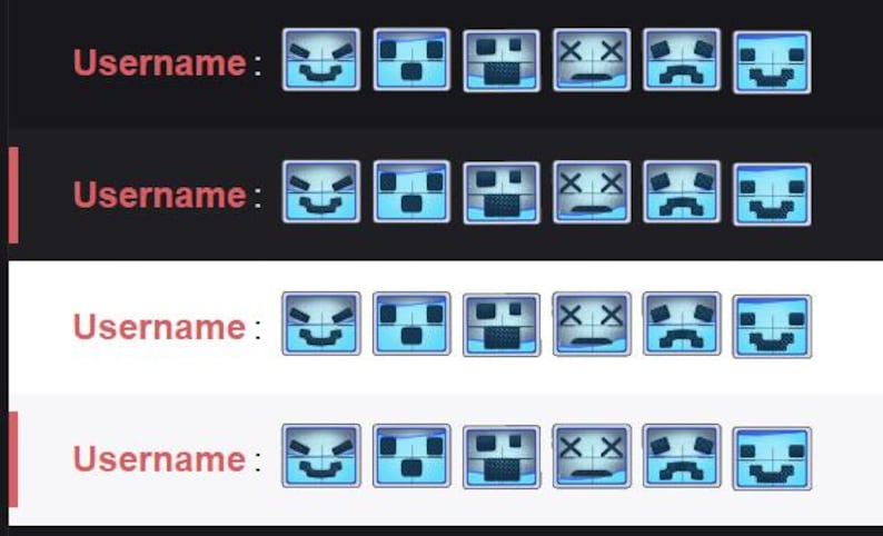 May include: A graphic featuring a series of blue square icons with various facial expressions. The word "Username:" appears in red text above each row of icons, set against a dark background.
