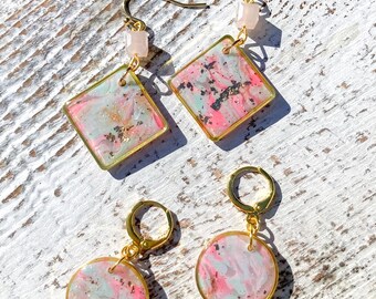 Seafoam Pink Cosmic Sky Style Earrings, Polymer Clay | Handmade Jewelry