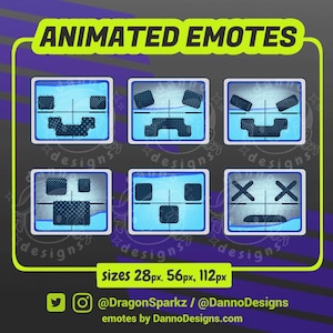 May include: A digital graphic featuring six animated emotes with pixelated faces in a blue square frame. The text "ANIMATED EMOTES" is at the top. The bottom of the image shows the sizes: 28px, 56px, 112px.
